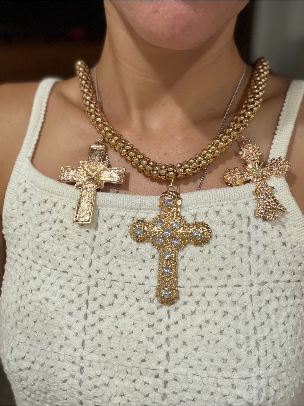 Gold Cross Pendant Necklace - Chunky Textured Religious Charm